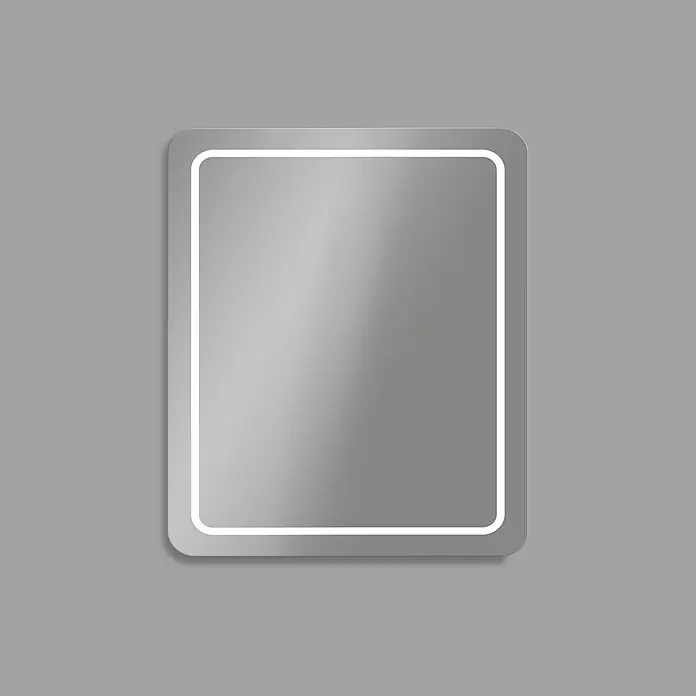 Camargue Lichtspiegel Kea - 80 x 70 cm, Leuchtmittel - Silberfarbener LED-beleuchteter Badezimmerspiegel mit abgerundeten Ecken auf grauem Hintergrund für moderne Badezimmerdesigns.