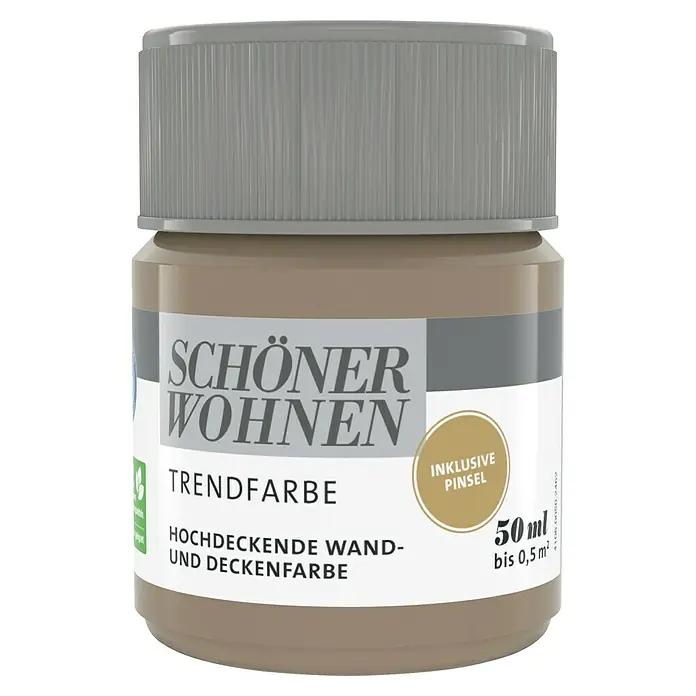 SCHÖNER WOHNEN-Farbe Farbtester Trendfarbe - Macchiato, Matt, 50 ml, Konservierungsmittelfrei - Abbildung einer Dose Schöner Wohnen Trendfarbe, hochdeckende Wand- und Deckenfarbe, inklusive Pinsel, mit einem Inhalt von 50 ml.