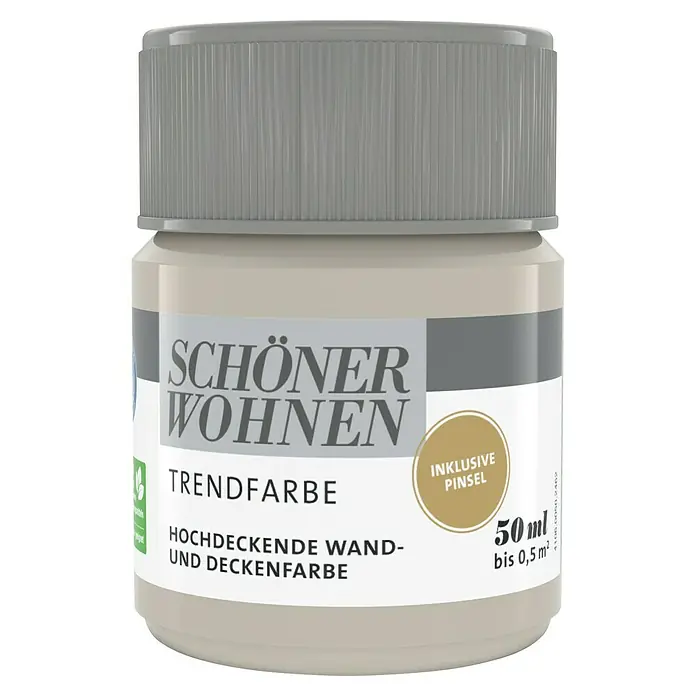 SCHÖNER WOHNEN-Farbe Farbtester Trendfarbe - Cosy, Matt, 50 ml, Konservierungsmittelfrei - Dose Schön Wohnen Trendfarbe mit der Aufschrift „Inklusive Pinsel“ und einem Füllvolumen von 50 ml für hochdeckende Wand- und Deckenfarbe.