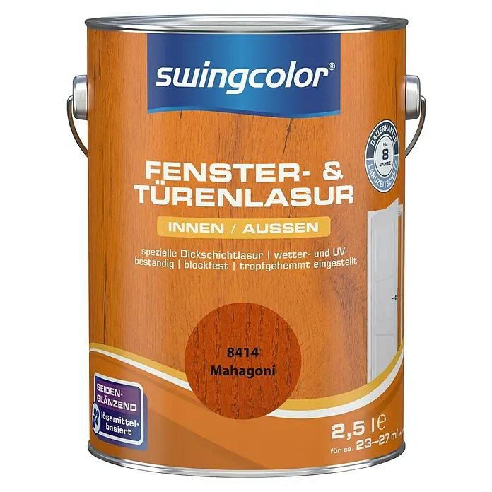 swingcolor Fenster- & Türenlasur - Mahagoni, 2,5 l, Seidenglänzend - Farbdose Swingcolor Fenster- & Türenlasur, Mahagoni Farbton 8414, geeignet für Innen- und Außenbereiche, mit einer Kapazität von 2,5 Litern.