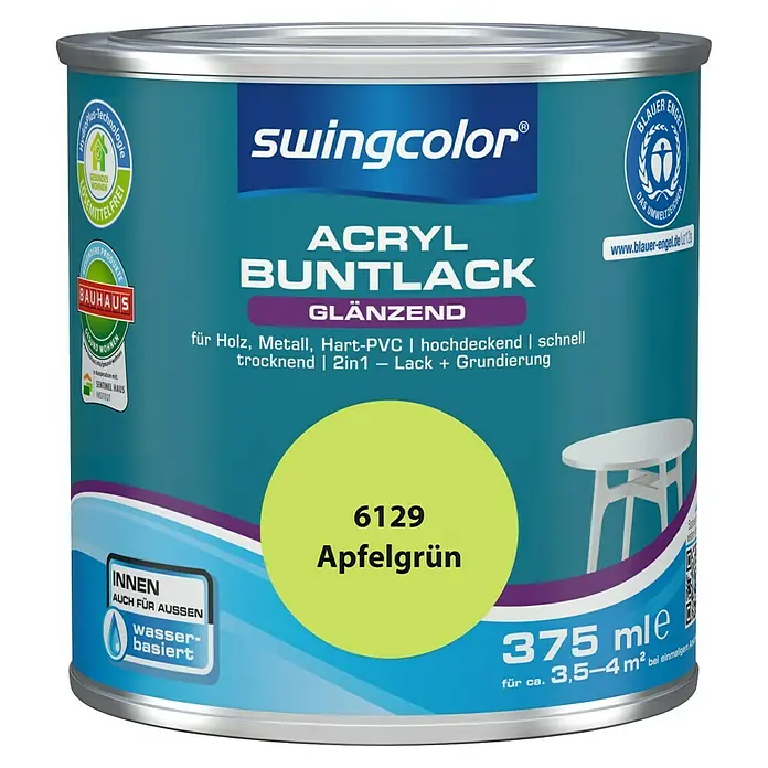 swingcolor Buntlack Acryl - Apfelgrün, Glänzend, 375 ml, Wasserbasiert - Dose Swingcolor Acryl Buntlack Apfelgrün: Glänzender Acryllack für Holz, Metall und Hart-PVC, schnell trocknend, 2in1 Lack + Grundierung, Inhalt 375 ml.