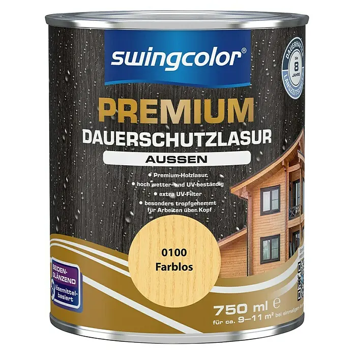 swingcolor Premium Holzlasur - Farblos, 750 ml, Seidenglänzend - Bild einer Dose Swingcolor Premium Dauerschutzlasur für Aussen, farblos, 750 ml. Die Holzlasur bietet bis zu 8 Jahre Langzeitschutz.