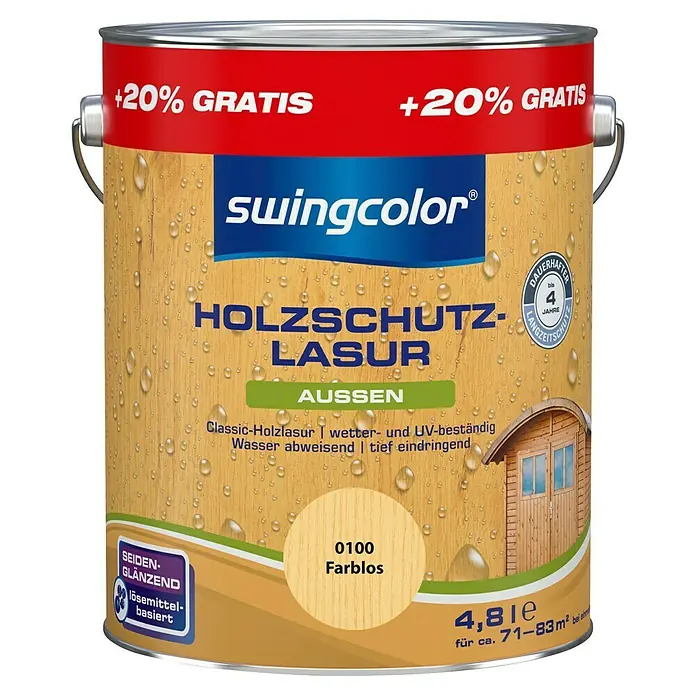 swingcolor Holzlasur - Farblos, 4,8 l, Seidenglänzend - Farbdose Swingcolor Holzschutzlasur Aussen, farblos (0100), für den Schutz und die Veredelung von Holz im Aussenbereich. Dauerhafter Langzeitschutz.