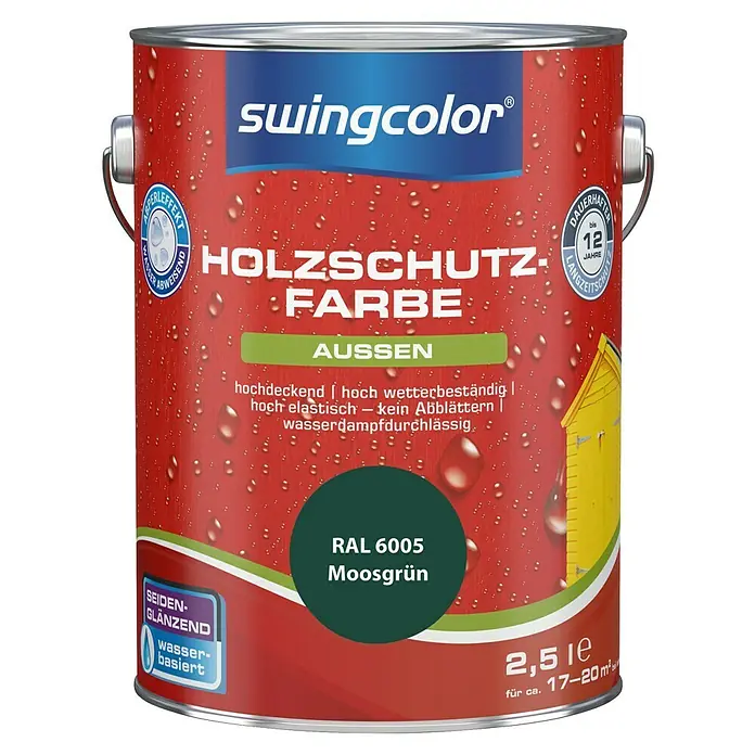 swingcolor Holzschutzfarbe - Moosgrün, 2,5 l, Seidenglänzend - Dose Holzschutzfarbe "swingcolor" in Rot mit grünem Farbfeld. Geeignet für Außenbereiche, wasserabweisend und seidenglänzend.