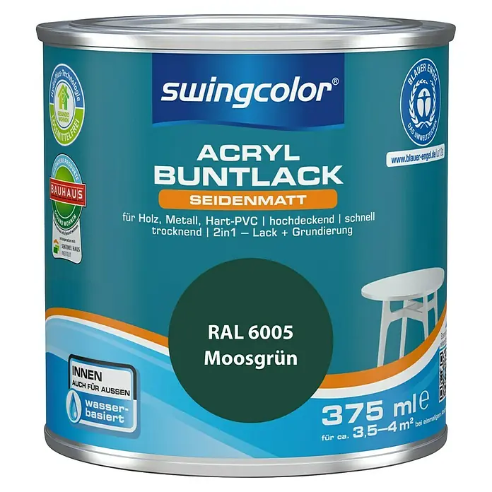 swingcolor Buntlack Acryl - Moosgrün, Seidenmatt, 375 ml, Wasserbasiert - Farbdose Swingcolor Acryl Buntlack Moosgrün RAL 6005, 375 ml, für Holz, Metall, Hart-PVC, hochdeckend und schnell trocknend.