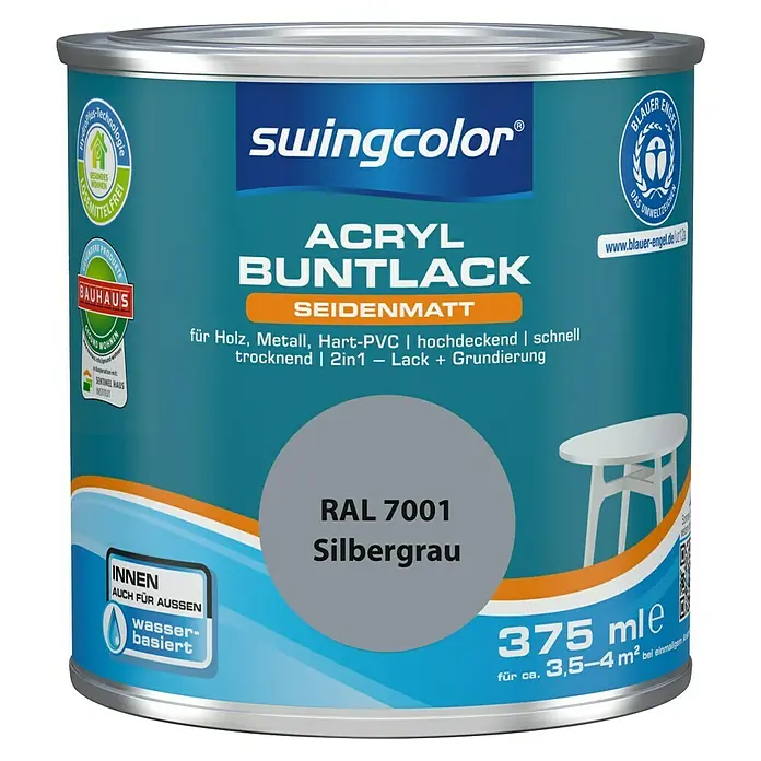 swingcolor Buntlack Acryl - Silbergrau, Seidenmatt, 375 ml, Wasserbasiert - Farbdose Swingcolor Acryl Buntlack seidenmatt RAL 7001 Silbergrau, 375 ml, geeignet für Holz, Metall und Hart-PVC, für Innen- und Außenbereich.