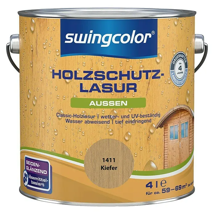 swingcolor Holzlasur - Kiefer, 4 l, Seidenglänzend - Dose Holzschutzlasur Kiefer 1411 von Swingcolor für Außenbereiche, seidenglänzend, lösemittelbasiert, langanhaltender Schutz bis zu 4 Jahre.
