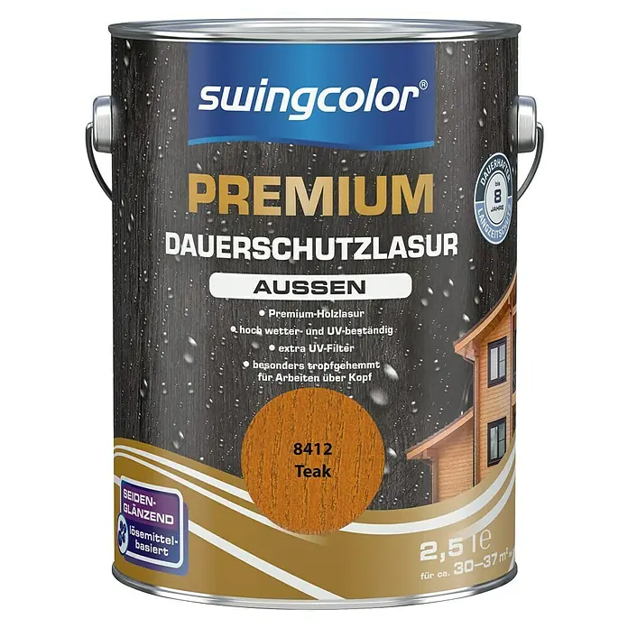 swingcolor Premium Holzlasur - Teak, 2,5 l, Seidenglänzend - Abbildung eines Swingcolor Premium Dauerschutzlasur-Farbeimers in Teakholz, ideal für den Außenbereich, mit 2,5 l Inhalt.