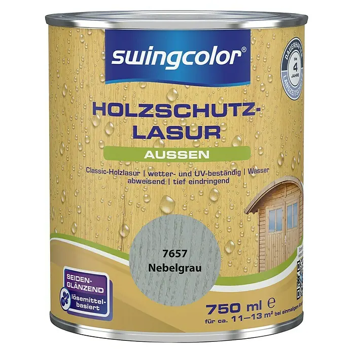 swingcolor Holzlasur - Nebelgrau, 750 ml, Seidenglänzend - Ein Eimer Swingcolor Holzschutzlasur in Nebelgrau, ideal für den Außenbereich, schützt Holz bis zu 4 Jahre lang und ist wasserabweisend.