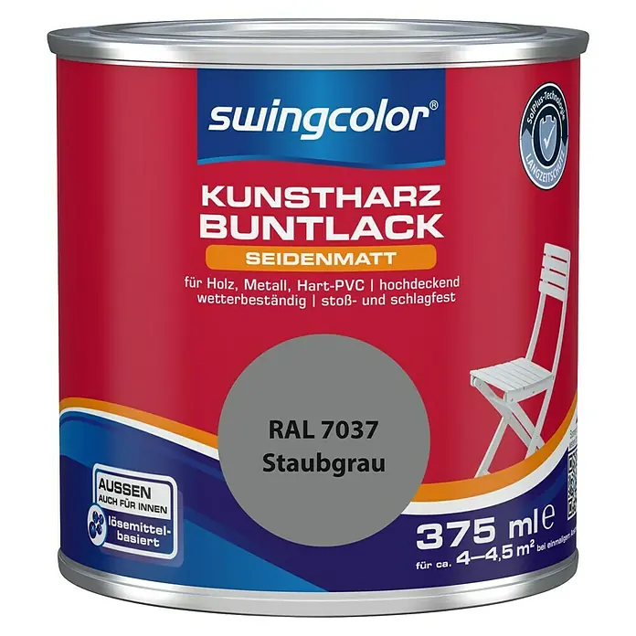 swingcolor Buntlack Kunstharz für Außen - Staubgrau, Seidenmatt, 375 ml, Lösemittelbasiert - Dose Kunstharz Buntlack seidenmatt, RAL 7037 Staubgrau von Swingcolor für Holz, Metall und Hart-PVC, lösemittelbasiert und wetterbeständig.