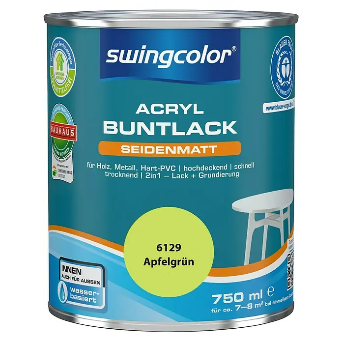 swingcolor Buntlack Acryl - Apfelgrün, Seidenmatt, 750 ml, Wasserbasiert - Dose Swingcolor Acryl Buntlack Seidenmatt in Apfelgrün. Geeignet für Holz, Metall und Hart-PVC. Schnell trocknend und für Innen- und Aussenbereich.