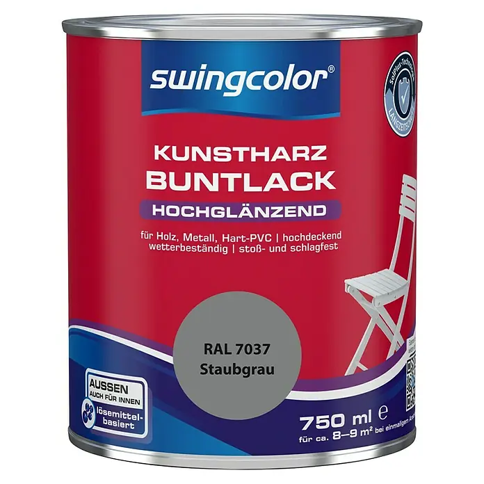swingcolor Buntlack Kunstharz für Außen RAL 7037 - Staubgrau, Hochglänzend, 750 ml, Lösemittelbasiert - Dose Kunstharz-Buntlack von Swingcolor in Staubgrau (RAL 7037), hochglänzend, für Holz, Metall und Hart-PVC, wetterbeständig und stoßfest.