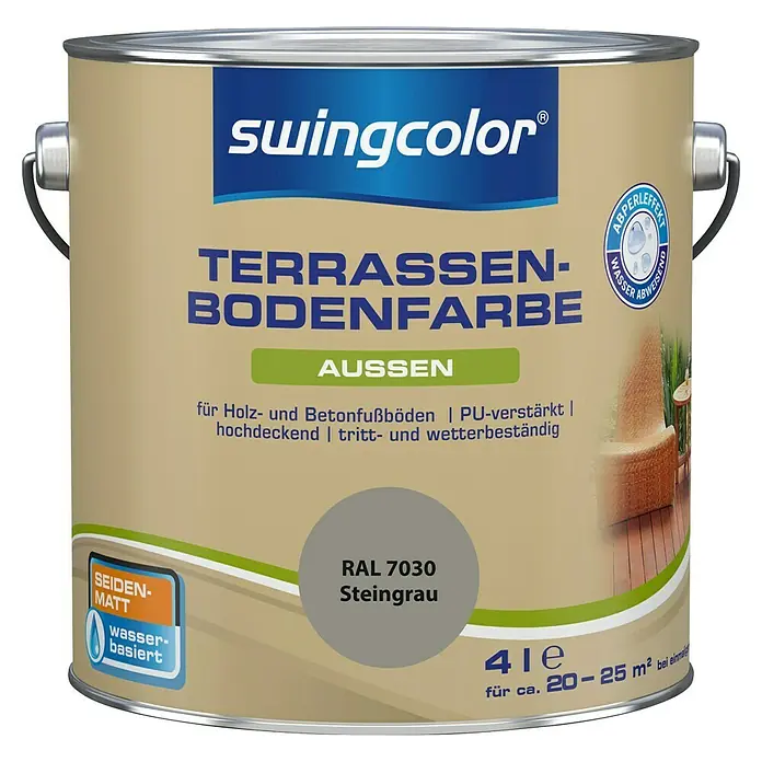swingcolor Terrassenbodenfarbe RAL 7030 - Steingrau, 4 l, Seidenmatt - Dose Swingcolor Terrassen-Bodenfarbe Steingrau RAL 7030, seidenmatt, wasserbasiert, für Holz- und Betonböden im Außenbereich.