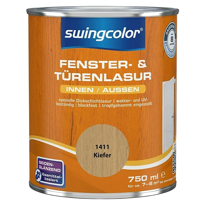 swingcolor Fenster- & Türenlasur - Kiefer, 750 ml, Seidenglänzend - Dose Swingcolor Fenster- & Türenlasur Kiefer, seidenglänzend, lösemittelbasiert, für den Innen- und Außenbereich, mit 750 ml Inhalt.