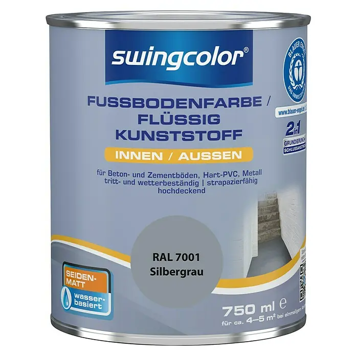 swingcolor 2in1 Fußbodenfarbe / Flüssig Kunststoff 2in1 RAL 7001 - Silbergrau, 750 ml, Seidenmatt - Dose Swingcolor Fussbodenfarbe, flüssiger Kunststoff für Innen- und Außenbereiche, Farbton RAL 7001 Silbergrau, seidenmatt, wasserbasiert.