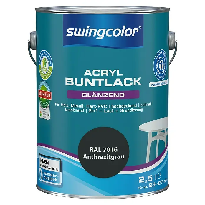 swingcolor Buntlack Acryl - Anthrazitgrau, Glänzend, 2,5 l, Wasserbasiert - Farbdose Swingcolor Acryl Buntlack glänzend, Farbe Anthrazitgrau (RAL 7016), 2,5 Liter, für Innen- und Außenbereich, ideal für Holz, Metall und Hart-PVC.