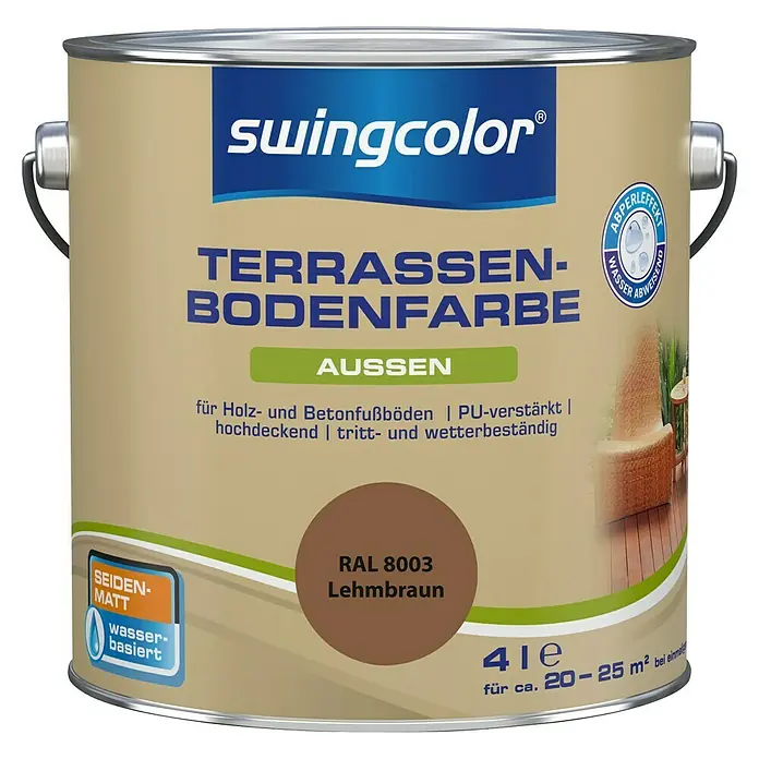 swingcolor Terrassenbodenfarbe RAL 8003 - Lehmbraun, 4 l, Seidenmatt - Terrassenbodenfarbe von Swingcolor in Lehmbraun, 4 Liter. Für Holz- und Betonböden im Außenbereich, wasserabweisend und trittfest.