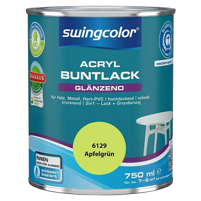 swingcolor Buntlack Acryl - Apfelgrün, Glänzend, 750 ml, Wasserbasiert - Dose Swingcolor Acryl Buntlack, Farbe Apfelgrün, glänzend. Geeignet für Holz, Metall und Hart-PVC, 750 ml.