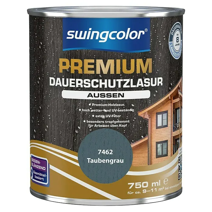 swingcolor Premium Holzlasur - Taubengrau, 750 ml, Seidenglänzend - Dose Swingcolor Premium Dauerschutzlasur "Taubengrau" für den Außenbereich, seidenglänzend, lösungsmittelbasiert, mit UV-Filter für bis zu 8 Jahre Schutz.