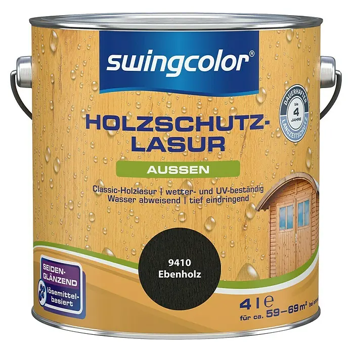 swingcolor Holzlasur - Ebenholz, 4 l, Seidenglänzend - Dose Holzschutzlasur "Ebenholz" von Swingcolor für den Außenbereich, seidenglänzend, lösemittelbasiert und mit UV-Schutz für bis zu 4 Jahre.