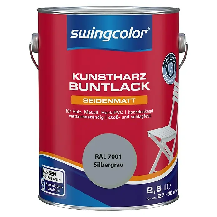 swingcolor Buntlack Kunstharz für Außen - Silbergrau, Seidenmatt, 2,5 l, Lösemittelbasiert - Farbdose Swingcolor Kunstharz Buntlack Seidenmatt RAL 7001 Silbergrau. Ideal für Holz, Metall und Hart-PVC, sowohl für Innen- als auch Außenbereiche.