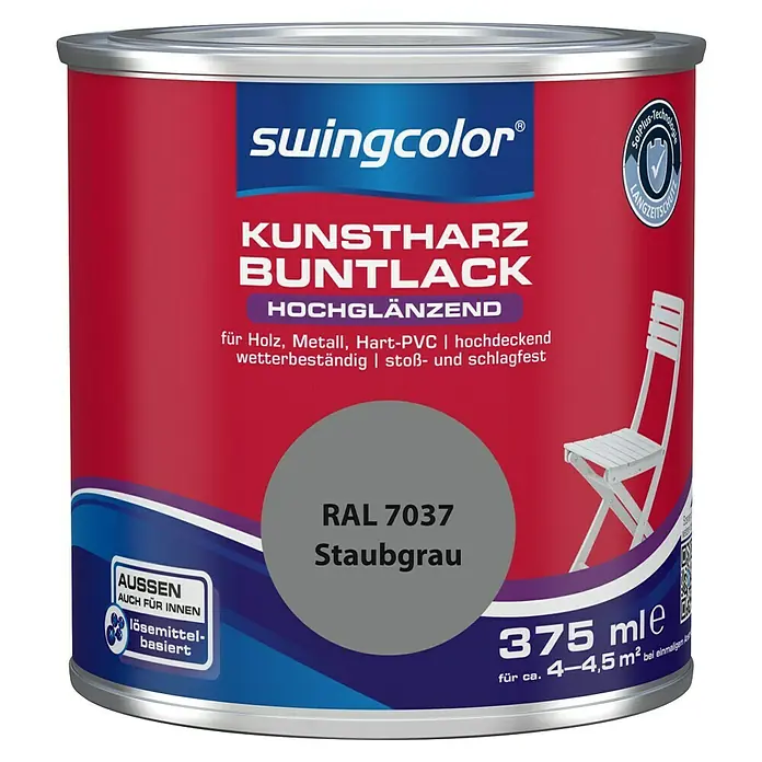 swingcolor Buntlack Kunstharz für Außen RAL 7037 - Staubgrau, Hochglänzend, 375 ml, Lösemittelbasiert - Dose Swingcolor Kunstharz Buntlack, Farbton RAL 7037 Staubgrau, hochglänzend, für Holz, Metall, Hart-PVC, wetterbeständig und schlagfest.