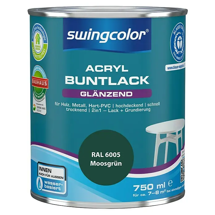 swingcolor Buntlack Acryl - Moosgrün, Glänzend, 750 ml, Wasserbasiert - Dose Swingcolor Acryl Buntlack in Moosgrün (RAL 6005). Geeignet für Holz, Metall und Hart-PVC, ideal für Innen- und Außenbereiche.
