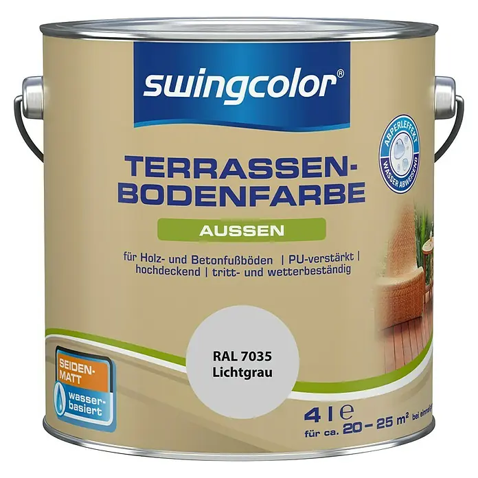 swingcolor Terrassenbodenfarbe RAL 7035 - Lichtgrau, 4 l, Seidenmatt - Farbdose Swingcolor Terrassen-Bodenfarbe RAL 7035 Lichtgrau, seidenmatt, wasserbasiert, für Holz- und Betonböden, außen, 4 l.