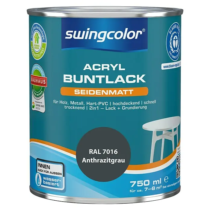 swingcolor Buntlack Acryl - Anthrazitgrau, Seidenmatt, 750 ml, Wasserbasiert - Farbdose Swingcolor Acryl Buntlack Seidenmatt Anthrazitgrau RAL 7016, geeignet für Holz, Metall, Hart-PVC. Ideal für Innen- und Außenbereiche.