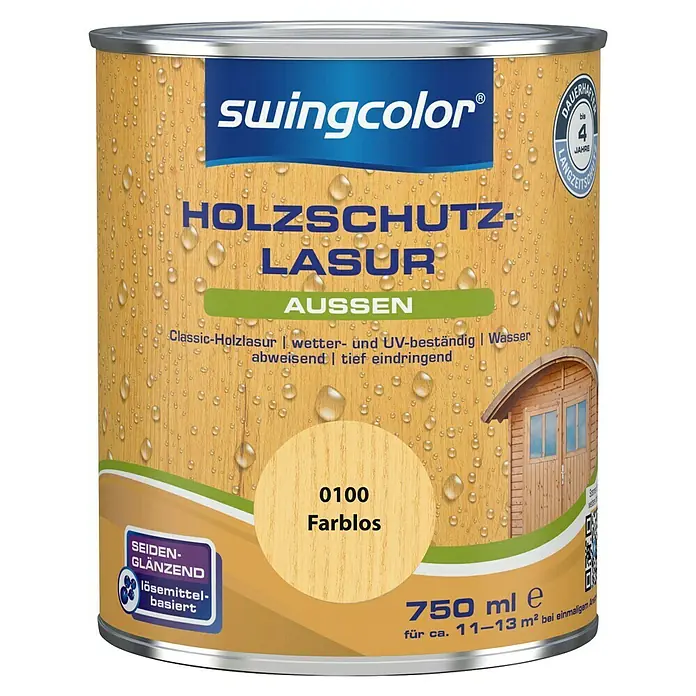swingcolor Holzlasur - Farblos, 750 ml, Seidenglänzend, Lösemittelbasiert - Abbildung einer Dose Swingcolor Holzschutzlasur für Außenbereiche. Das Produkt ist farblos und bietet bis zu 4 Jahre Langzeitschutz.
