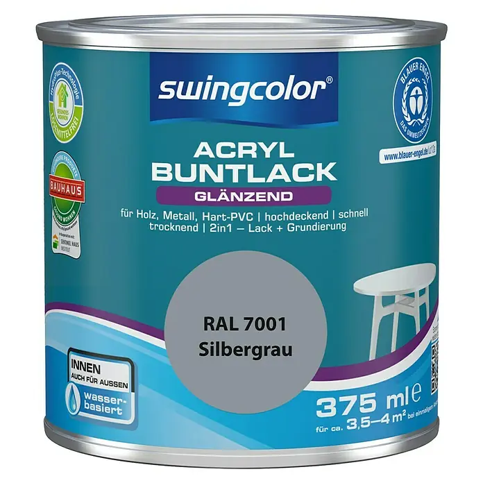 swingcolor Buntlack Acryl - Silbergrau, Glänzend, 375 ml, Wasserbasiert - Dose Swingcolor Acryl Buntlack Silbergrau RAL 7001, glänzend, für Holz, Metall und Hart-PVC, 375 ml.