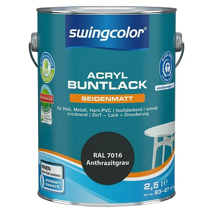 swingcolor Buntlack Acryl - Anthrazitgrau, Seidenmatt, 2,5 l, Wasserbasiert - Farbdose Swingcolor Acryl Buntlack seidenmatt, Farbton Anthrazitgrau RAL 7016, 2,5 Liter, für Holz, Metall, Hart-PVC, Innen- und Außenbereich.