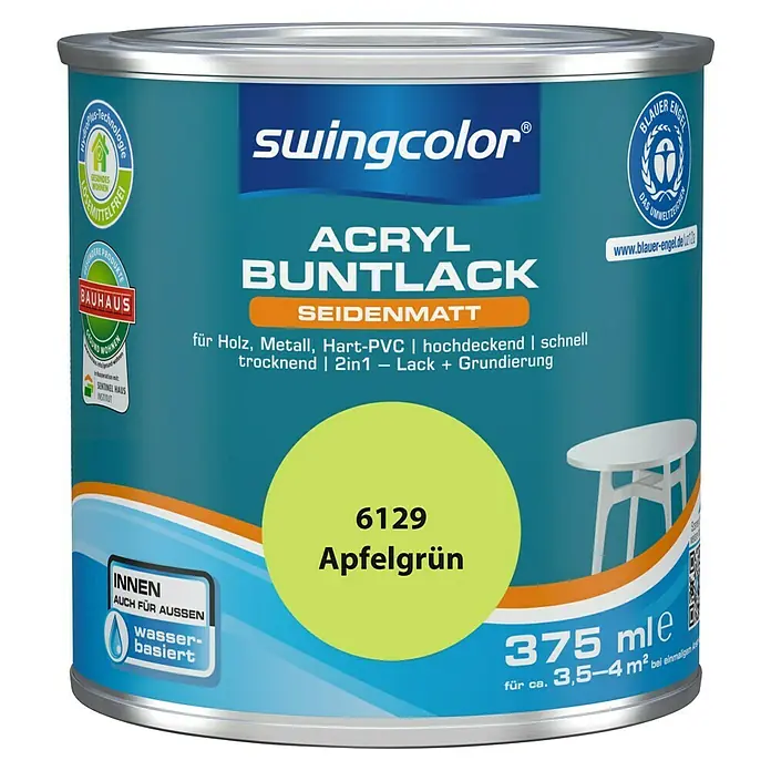 swingcolor Buntlack Acryl - Apfelgrün, Seidenmatt, 375 ml, Wasserbasiert - Farbdose Swingcolor Acryl Buntlack seidenmatt Apfelgrün, 375ml für Holz, Metall und Hart-PVC. Schnell trocknend, 2in1 Lack + Grundierung.