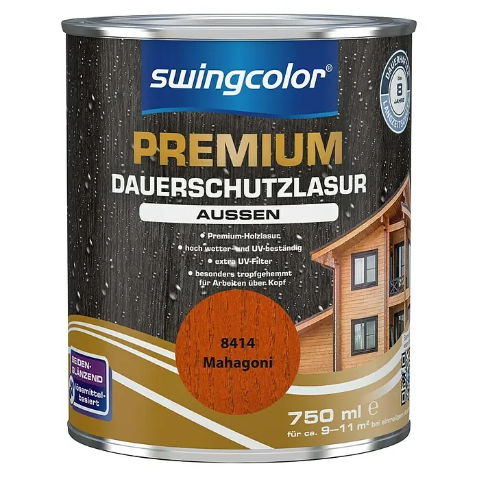 swingcolor Premium Holzlasur - Mahagoni, 750 ml, Seidenglänzend - Abbildung einer Dose Swingcolor Premium Dauerschutzlasur in Mahagoni für den Außenbereich, die bis zu 8 Jahre Schutz bietet.