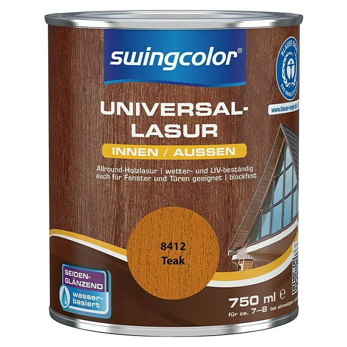 swingcolor Holzlasur - Teak, 750 ml, Seidenglänzend, Wasserbasiert - Dose Swingcolor Universal Lasur Teak 8412 für Innen und Außen, seidenglänzend und wasserbasiert.