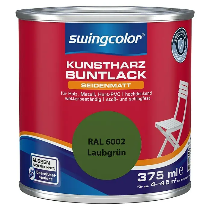 swingcolor Buntlack Kunstharz für Außen - Laubgrün, Seidenmatt, 375 ml, Lösemittelbasiert - Dose Swingcolor Kunstharz Buntlack Laubgrün RAL 6002, seidenmatt, für Holz, Metall, Hart-PVC. Wetterbeständig, stoß- und schlagfest.