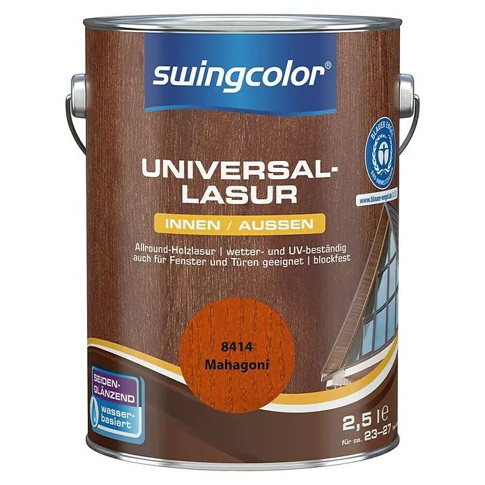 swingcolor Holzlasur - Mahagoni, 2,5 l, Seidenglänzend - Dose Swingcolor Universallasur Mahagoni 8414 für Innen- und Außenbereiche. Holzlasur, wetter- und UV-beständig, geeignet für Fenster und Türen.