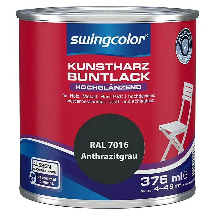 swingcolor Buntlack Kunstharz für Außen RAL 7016 - Anthrazitgrau, Hochglänzend, 375 ml, Lösemittelbasiert - Farbdose Swingcolor Kunstharz Buntlack, anthrazitgrau RAL 7016, hochglänzend, für Holz, Metall, Hart-PVC. Wetterbeständig und stoßfest.
