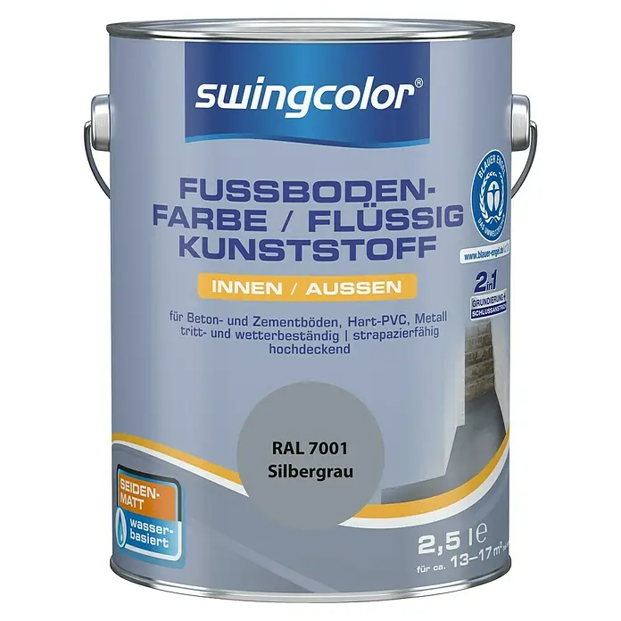 swingcolor 2in1 Fußbodenfarbe / Flüssig Kunststoff 2in1 RAL 7001 - Silbergrau, 2,5 l, Seidenmatt - Dose Swingcolor Fussbodenfarbe für Innen und Aussen, flüssiger Kunststoff, Farbe Silbergrau RAL 7001, seidenmatt, wasserbasiert, 2,5l für ca. 13-17m².