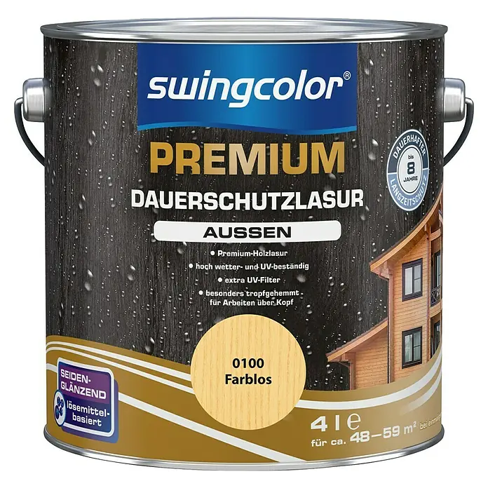 swingcolor Premium Holzlasur - Farblos, 4 l, Seidenglänzend - Farbloser Premium-Holzschutzlack von Swingcolor für Außenbereiche, bietet bis zu 8 Jahre Dauerschutz und ist wetter- und UV-beständig.