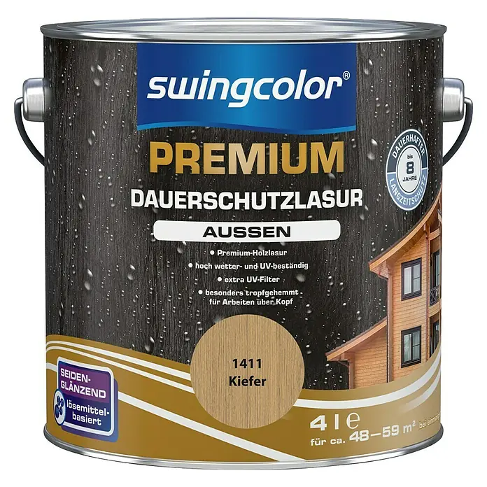swingcolor Premium Holzlasur - Kiefer, 4 l, Seidenglänzend - Farbdose Swingcolor Premium Dauerschutzlasur Aussen, Farbton 1411 Kiefer, seidenglänzend und lösemittelbasiert für dauerhaften Holzschutz.