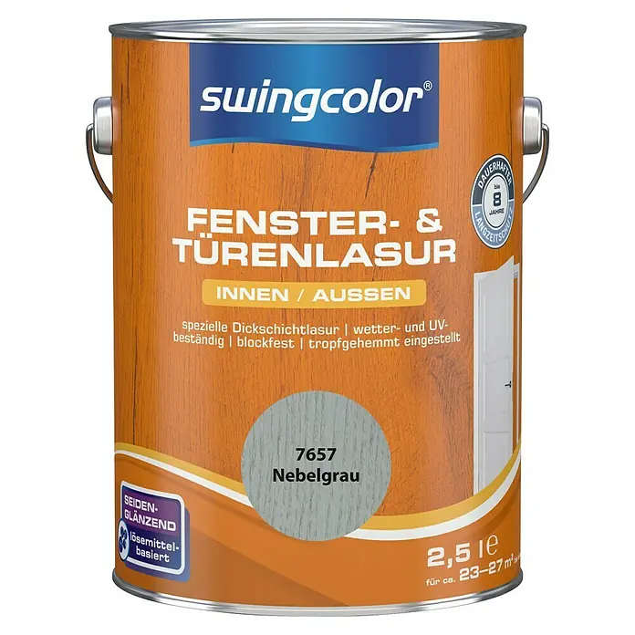swingcolor Fenster- & TürenlasurNebelgrau, 2,5 l, Seidenglänzend, Lösemittelbasiert - Farbdose Swingcolor Fenster- & Türenlasur, Farbton Nebelgrau, seiden-glänzend, lösemittelbasiert, für Innen- und Aussenbereich.