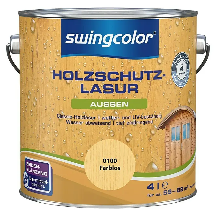 swingcolor Holzlasur - Farblos, 4 l, Seidenglänzend - Dose Holzschutzlasur von Swingcolor, farblos, für den Außenbereich, schützt Holz bis zu 4 Jahre lang.
