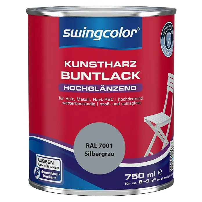 swingcolor Buntlack Kunstharz für Außen - Silbergrau, Hochglänzend, 750 ml, Lösemittelbasiert - Farbdose Swingcolor Kunstharz Buntlack hochglänzend, Farbton RAL 7001 Silbergrau, 750 ml, geeignet für Holz, Metall und Hart-PVC.
