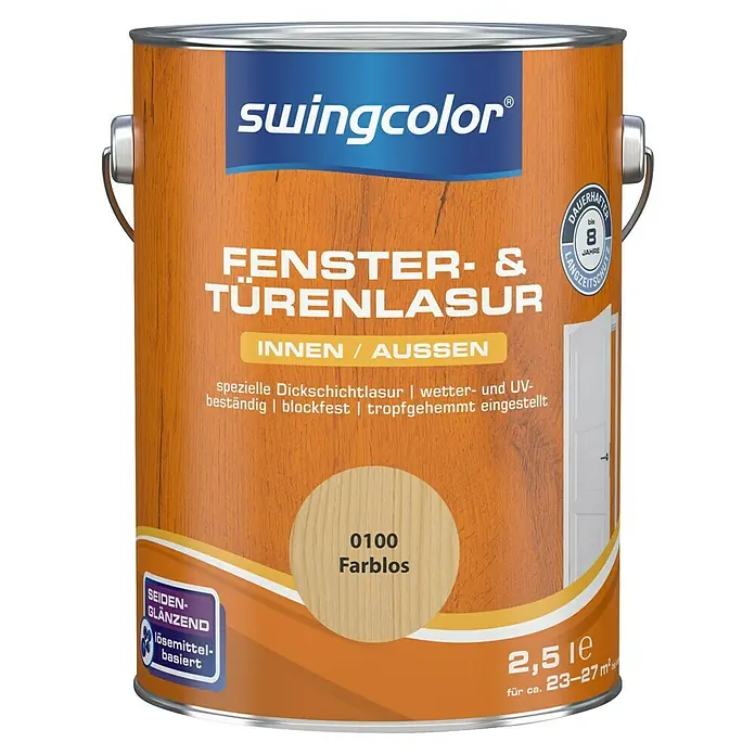 swingcolor Fenster- & Türenlasur - Farblos, 2,5 l, Seidenglänzend - Dose Swingcolor Fenster- & Türenlasur, farblos, für Innen- und Außenbereich, dauerhafter Langzeitschutz und seiden glänzend.