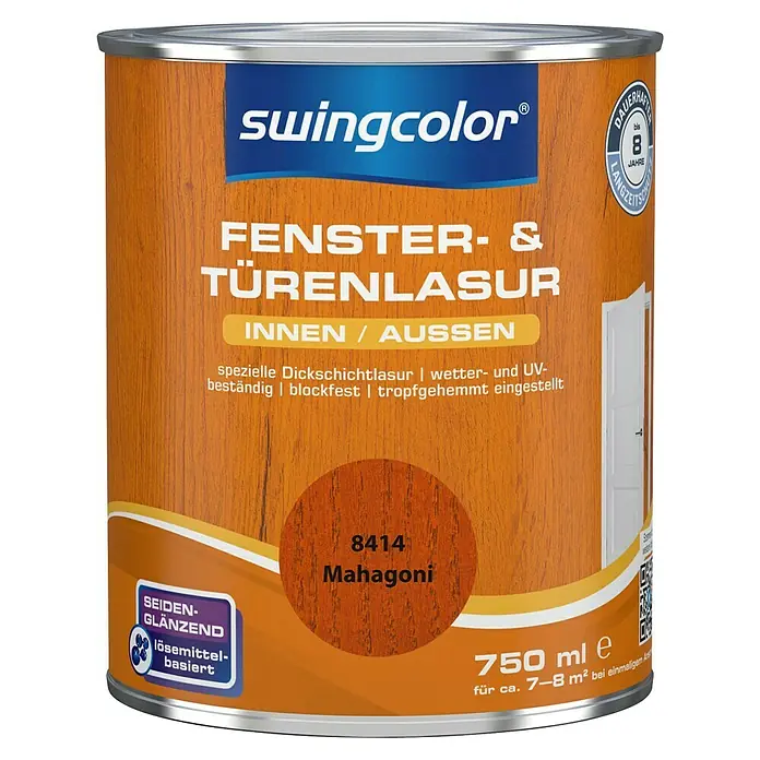 swingcolor Fenster- & Türenlasur - Mahagoni, 750 ml, Seidenglänzend - Farbdose Swingcolor Fenster- & Türenlasur Mahagoni, 750ml für Innen- und Außenbereich, lösungsmittelbasiert und seidenglänzend, für dauerhaften Schutz.