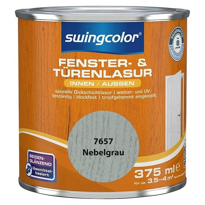 swingcolor Fenster- & TürenlasurNebelgrau, 375 ml, Seidenglänzend, Lösemittelbasiert - Dose Fenster- & Türenlasur von Swingcolor, seiden-glänzend, Farbton Nebelgrau, 375 ml für den Innen- und Außenbereich, lösungsmittelbasiert.