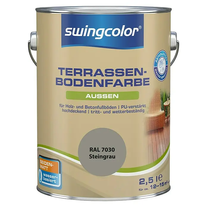 swingcolor Terrassenbodenfarbe RAL 7030 - Steingrau, 2,5 l, Seidenmatt - Dose Terrassen-Bodenfarbe "Steingrau" von Swingcolor. Die Farbe ist für den Außenbereich, wasserabweisend und seidenmatt, ideal für Holz- und Betonböden.