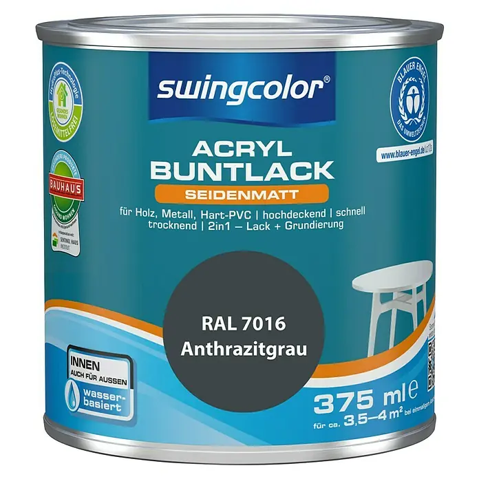 swingcolor Buntlack Acryl - Anthrazitgrau, Seidenmatt, 375 ml, Wasserbasiert - Dose Swingcolor Acryl Buntlack seidenmatt, Farbton Anthrazitgrau RAL 7016, 375ml für Holz, Metall und Hart-PVC.
