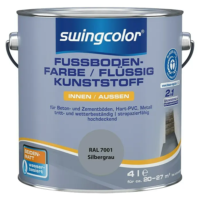 swingcolor 2in1 Fußbodenfarbe / Flüssig Kunststoff 2in1 RAL 7001 - Silbergrau, 4 l, Seidenmatt - Dose Swingcolor Fussbodenfarbe, flüssiger Kunststoff, RAL 7001 Silbergrau, seidenmatt, wasserbasiert, für Beton- und Zementböden.